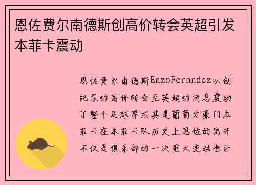 恩佐费尔南德斯创高价转会英超引发本菲卡震动 恩佐费尔南德斯创高价转会英超引发本菲卡震动