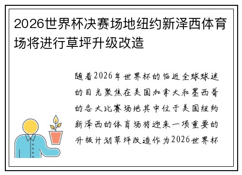 2026世界杯决赛场地纽约新泽西体育场将进行草坪升级改造